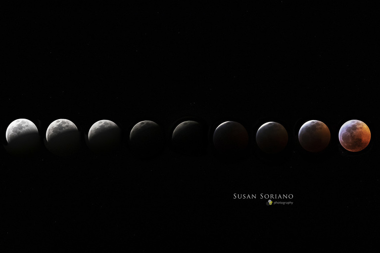 Progression of the Super Blood Wolf Moon's eclipse in January of 2019. 